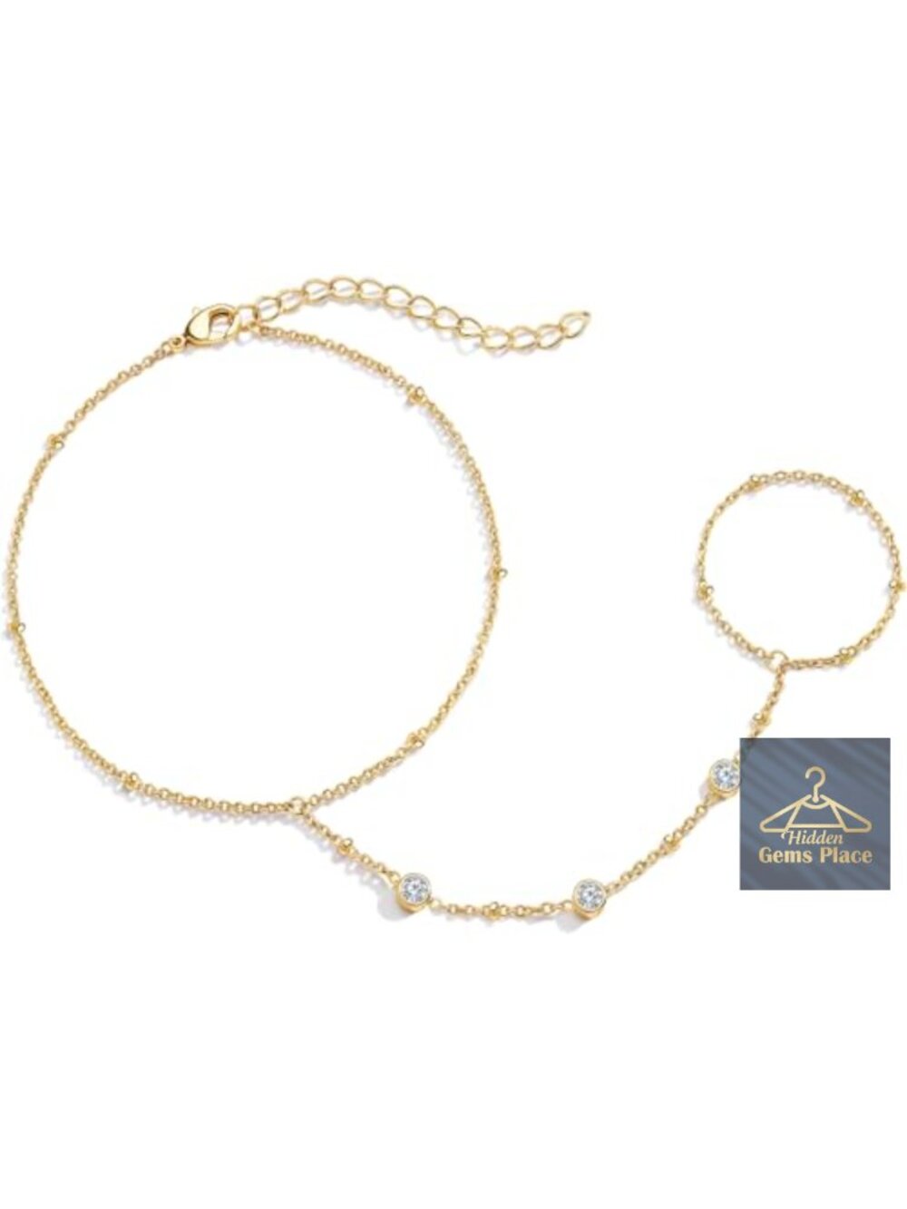 14K Gold Plated Hand Chain Bracelet with Cubic Zirconia, Adjustable Finger Ring